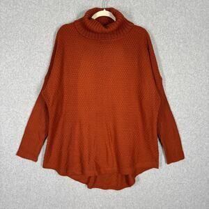 Waffle Knit Poncho Sweater Medium Rust Burnt Cowl Neck Slouchy Comfy Lounge Thin